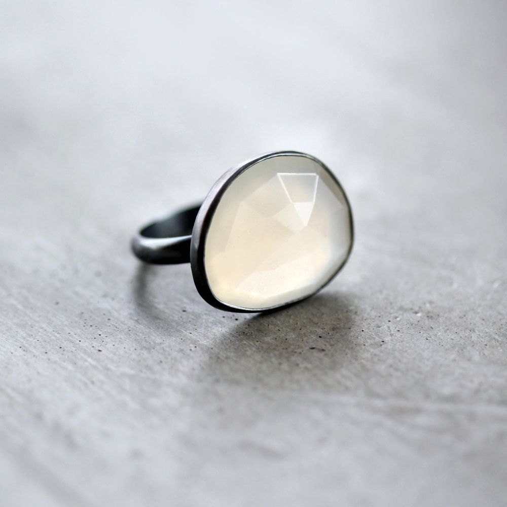 White Moonstone Ring, Snow White Rose Cut Freeform Gemstone Oxidized Sterling Silver Ring - US Size 8 - Phantom
