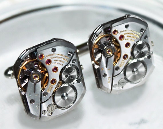 LONGINES Men Steampunk Cufflinks - Rare AUTHENTIC Luxury Swiss Silver Vintage Watch Movement Men Steampunk Cufflinks Cuff Links Wedding Gift