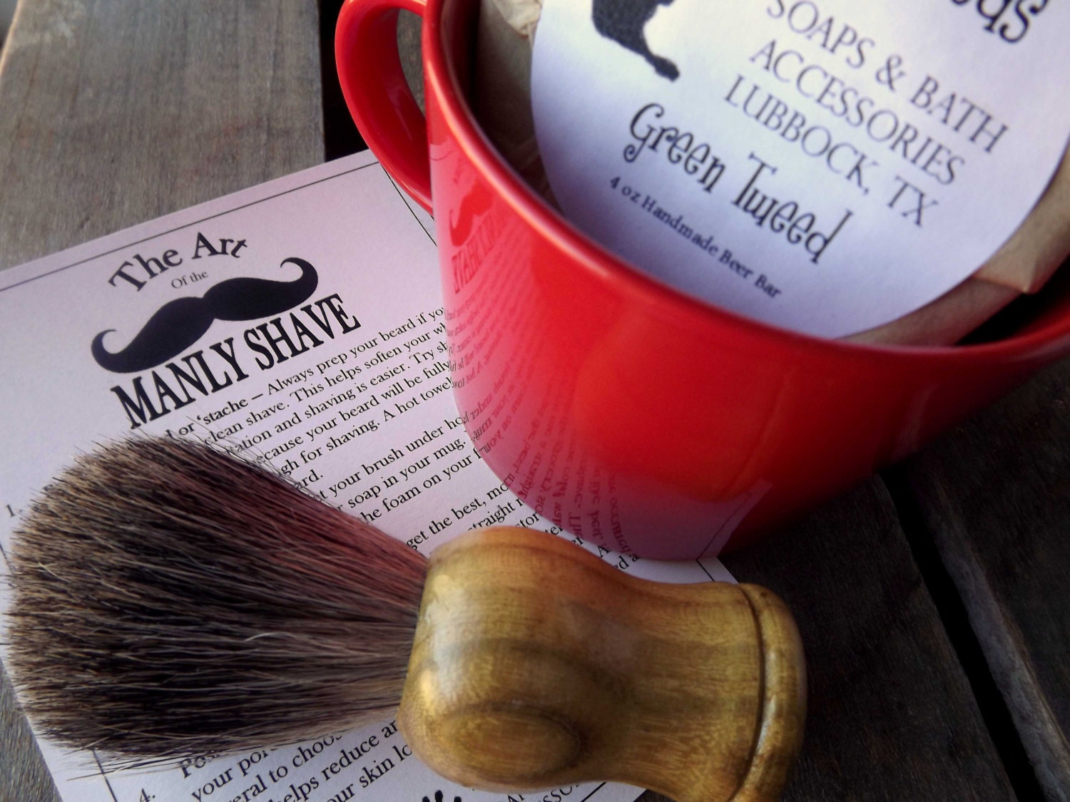Mens Valentines Gift, Shaving Mug Set, Red Vintage Styled Shaving Mug,  Grooming Kit, Badger Brush, Handmade Soap