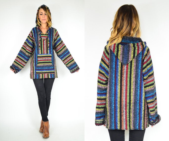 multicolored unisex WOVEN ethnic boho HOODED mexican BAJA pullover sweater, extra small-large