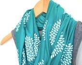 INFINITY SCARF - Screen Printed - White Flowers on Teal