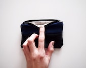 SALE coin holder Mini wallet Two-tone zipper pouch  Black faux leather and dark blue faux suede