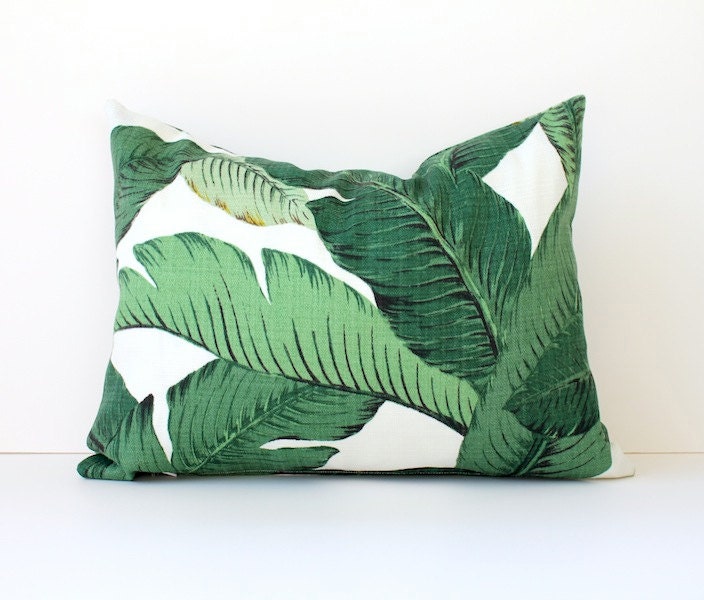 Modern Tropical Green Designer Pillow Cover 12" x 16" lumbar Accent Cushion White forest aloe emerald Resort summer leaves summer banana