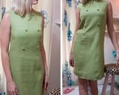 vintage 60's light green cocktail dress with pink lining front buttons linen womens spring summer