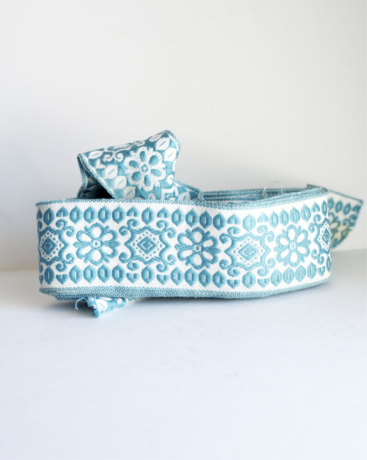 Blue and White Trim Embroidered Scandinavian Style Cyan ribbon Decor