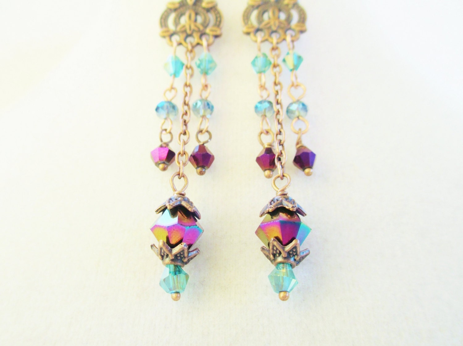 Long Gypsy Earrings With Rainbow Purple & Blue Crystals