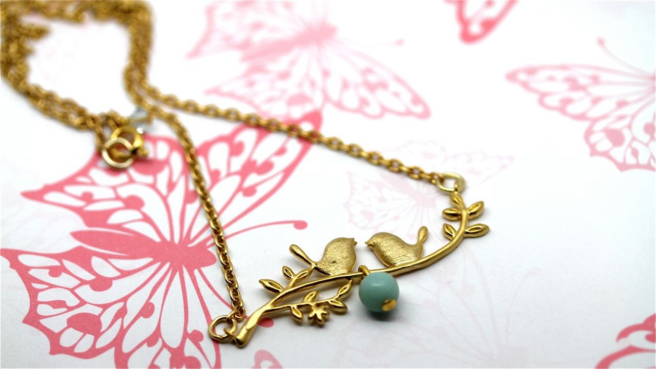 Gold Bird Branch Necklace By Twinkle Jewellery - Amazonite, Swarovski Crystal Elements, Mint Green