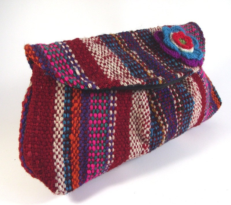 Clutch Bag Bohemian Purse with Crochet Flower BLUE STRIPED  Zipper Pouch bag Eco Friendly Women Bag