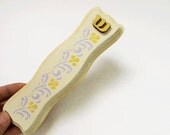 Mezuzah - A cream mezuzah yellow and purple flowers for family door mezuzah,nursery mezuzah, kids room, kids wall art, kids decor