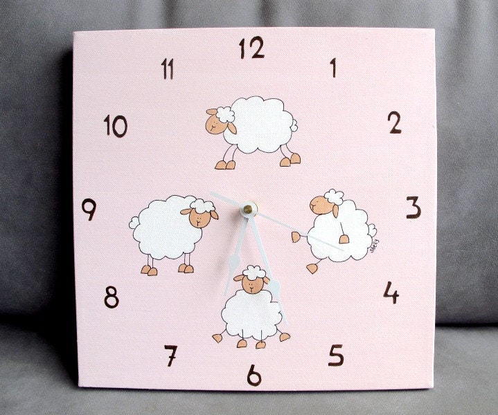 Clock-Nursery  clock , children canvas pink sheep clock, Decorative hand painted Square unique baby clock