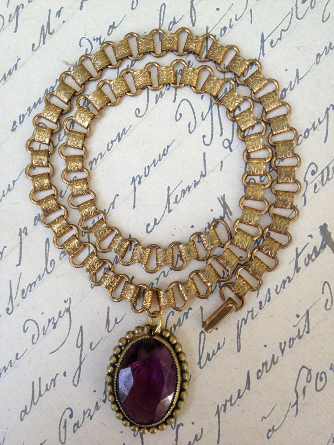 One of a Kind Assembled Victorian Book chain Amethyst Glass pendant
