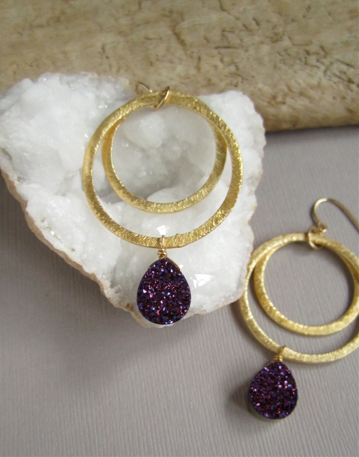 Druzy Earrings Drusy Quartz 18K Brushed Vermeil Hoops Links
