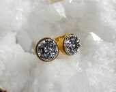 Tiny Silver Druzy Earrings Titanium Drusy Quartz Studs Gold Vermeil Bezel Set