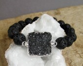 Black Druzy Bracelet Drusy Quartz Lava Stone Silver Dipped