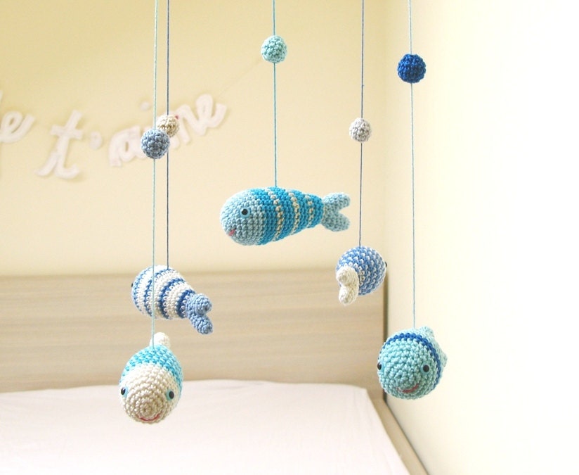 Nursery Mobile, Baby Boy Mobile, Nursery Decor, Fish Decor, Blue, Sea Animals by Cherrytime
