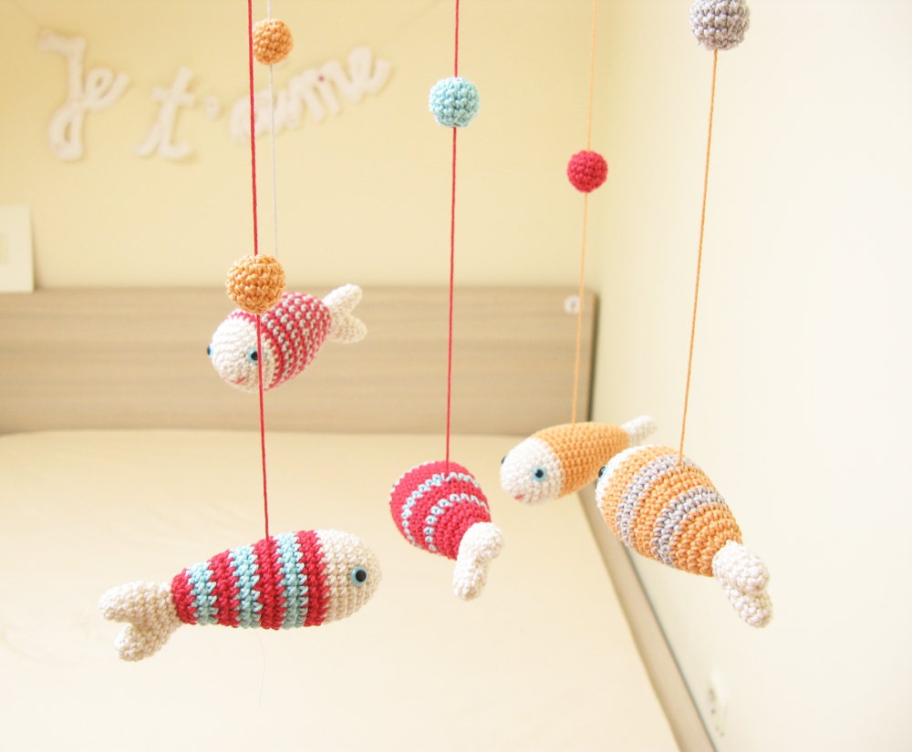 Baby Girl Mobile, Nursery Mobile, Nursery Decor, Fish Decor, Peach and Raspberry, Sea Animals for Girls by Cherrytime