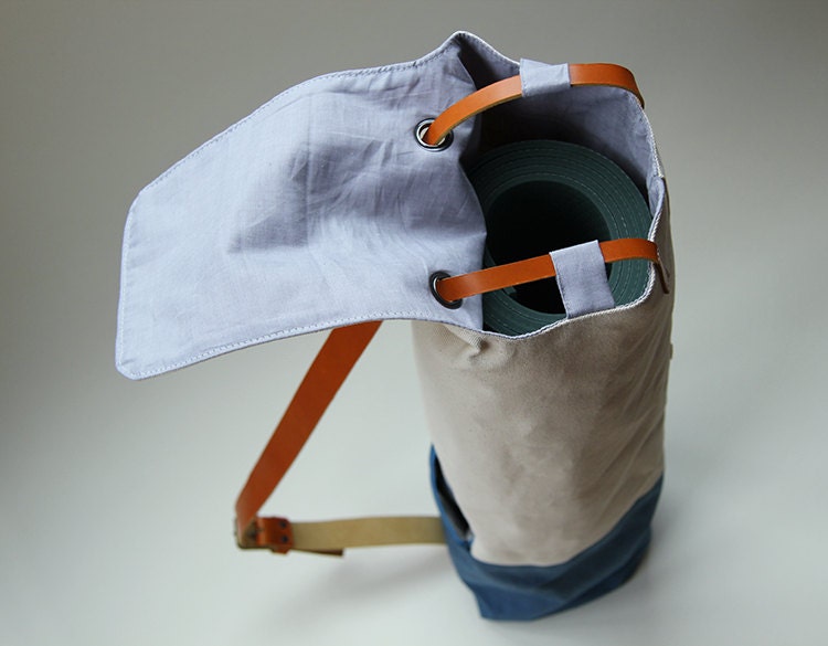 yoga bag - waxed cotton with leather strap - blue