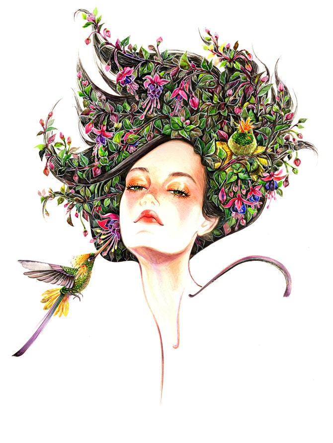Floral Fashion Portrait-Girl and Hummingbirds- Watercolor Fashion illustration