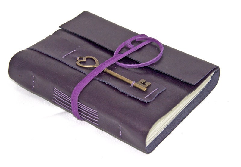 Purple Leather Journal with Heart Key Bookmark