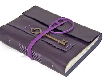Purple Leather Journal with Heart Key Bookmark