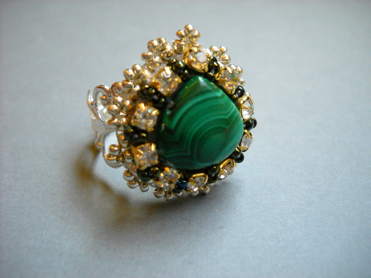 KIT (Instructions and materials) - Emerald City- green silver Bead Embroidery Ring Swarovski- LiMITED EDITION