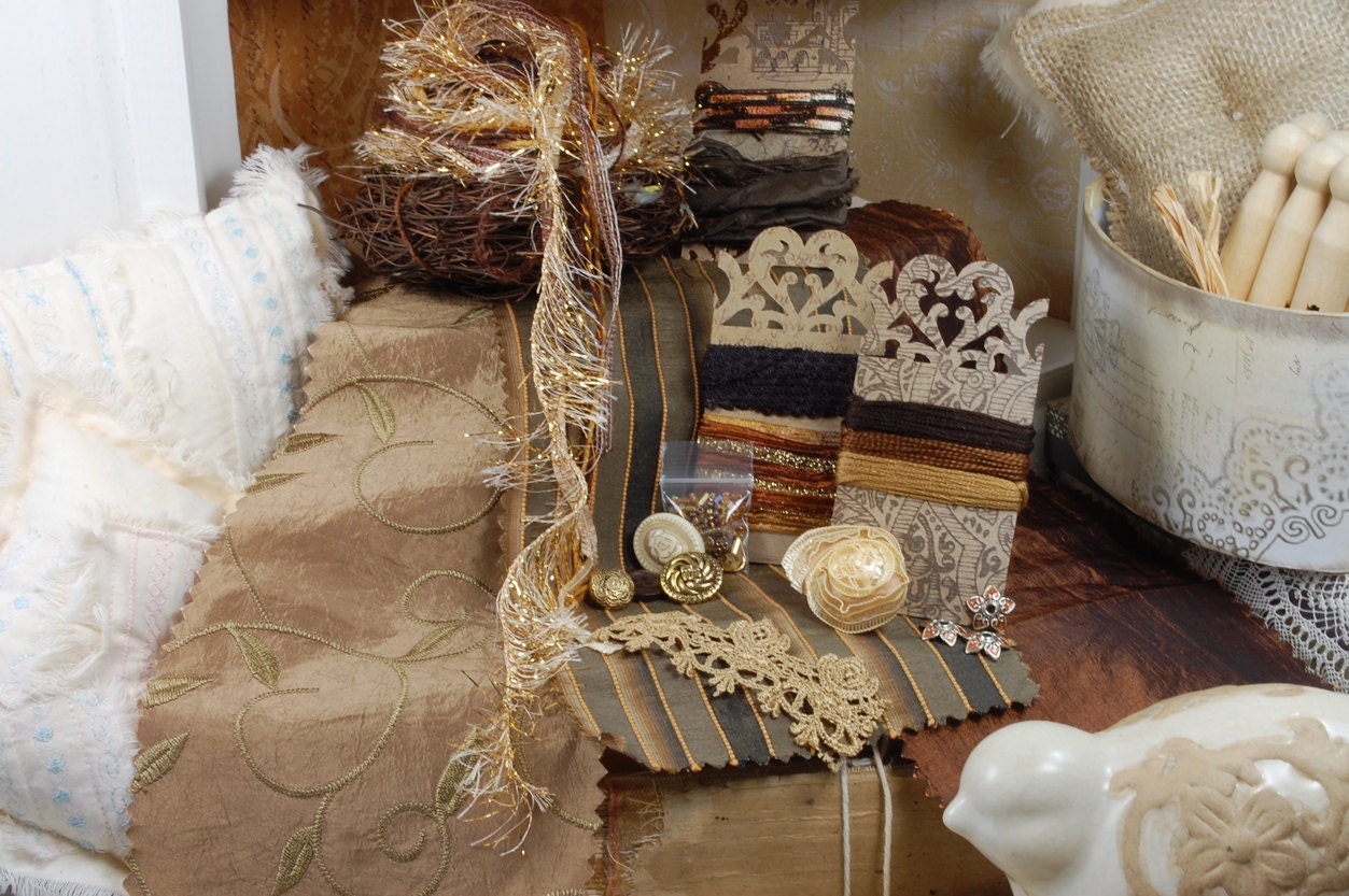 Tea Cake - Tidbits and Samplings. No.16. in Chocolate Brown, Taupes and Antique Golds. Inspiration kit. Embellishment kit. OOAK