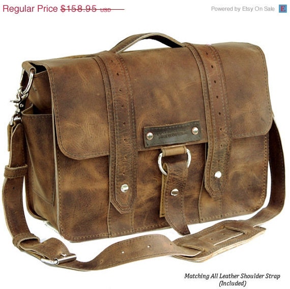 SALE 14" Leather Laptop Bag New: Custom Distressed Tan Color - Voyager Style - Handmade in the U.S.A. -