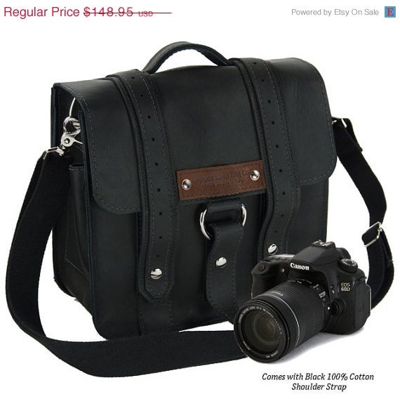 SALE Small 10" Leather Camera Bag in Classic Black Color - Voyager Style - Handmade in the U.S.A. -