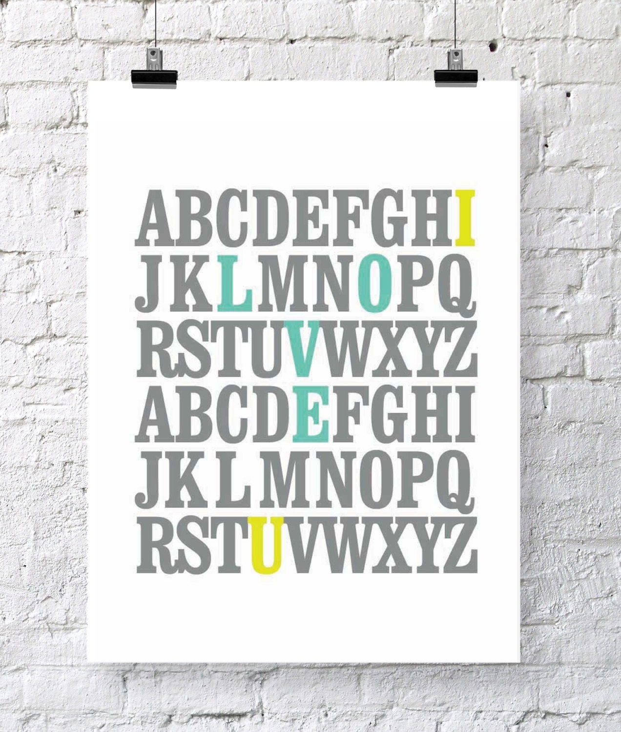 8x10 ABC Print. I love you. Alphabet Love. Typography Print. Seafoam and Yellow - 100