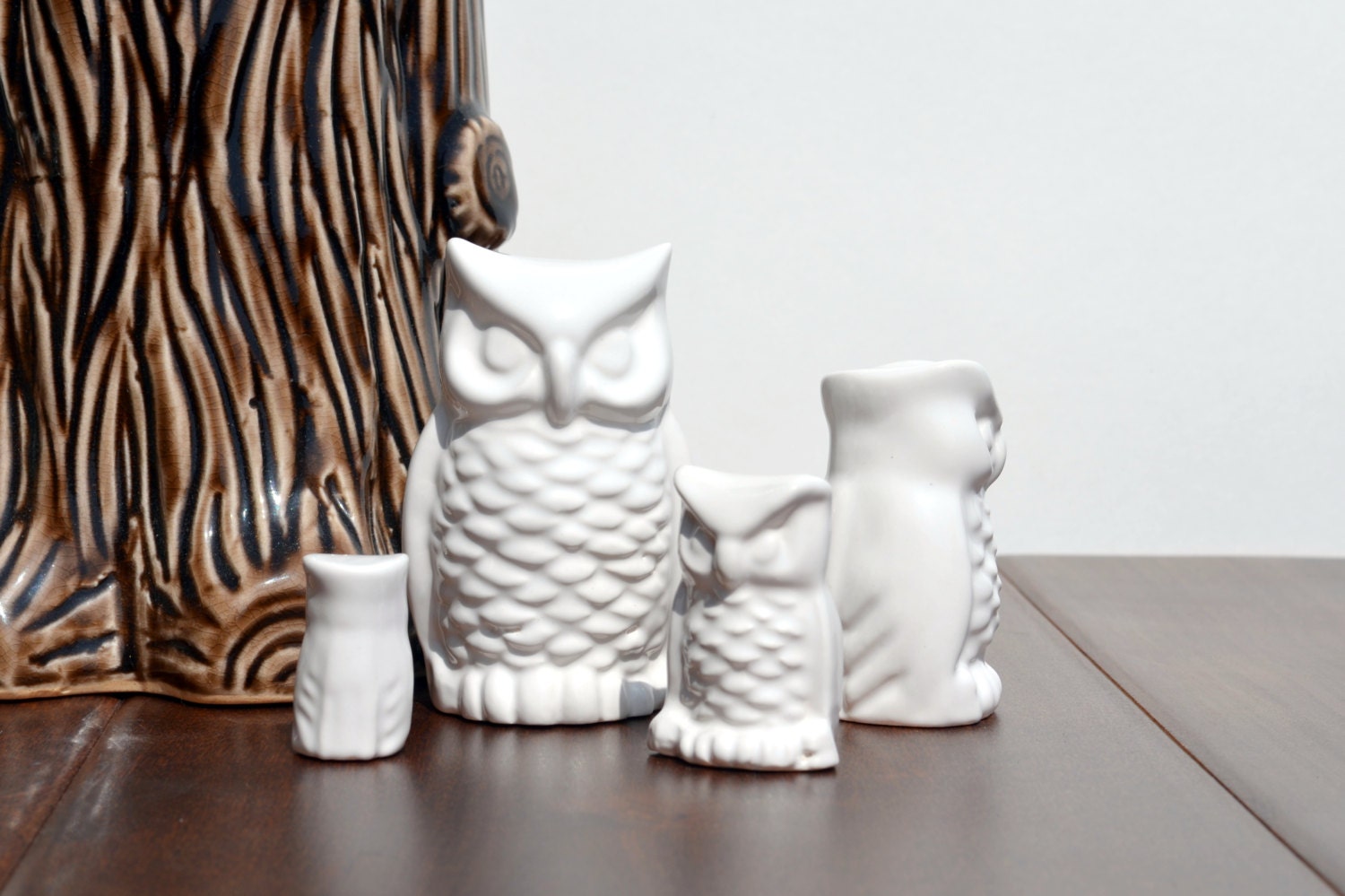 Vintage Ceramic Owl Family Figurine Set, White