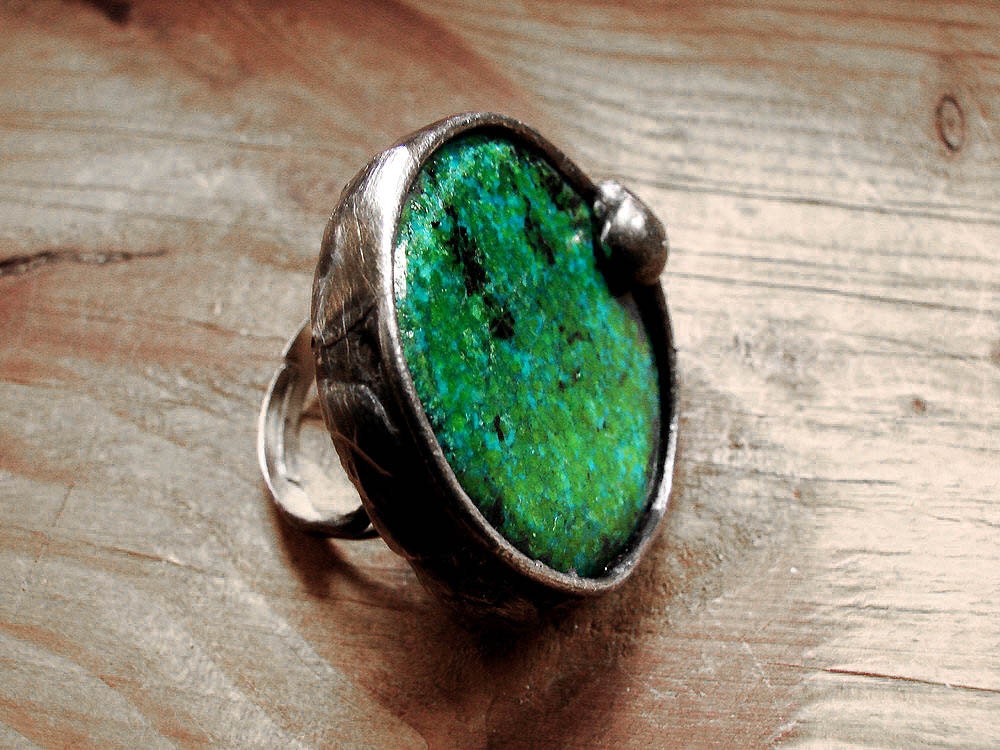 Unique Chrysocolla ring blue Handmade Art Jewelry One of Kind exciting adjustable ring stained glass tiffany   stylized in old silver