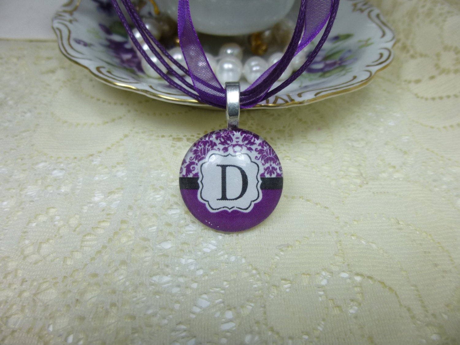 Purple and Black Damask Monogram  Glass Tile Pendant Necklace