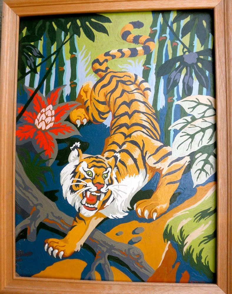 1960s Paint by Numbers Tropical Tiger Painting