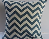 NEW - Denim Blue and Cream Zig Zag Chevron 18" Pillow Cover