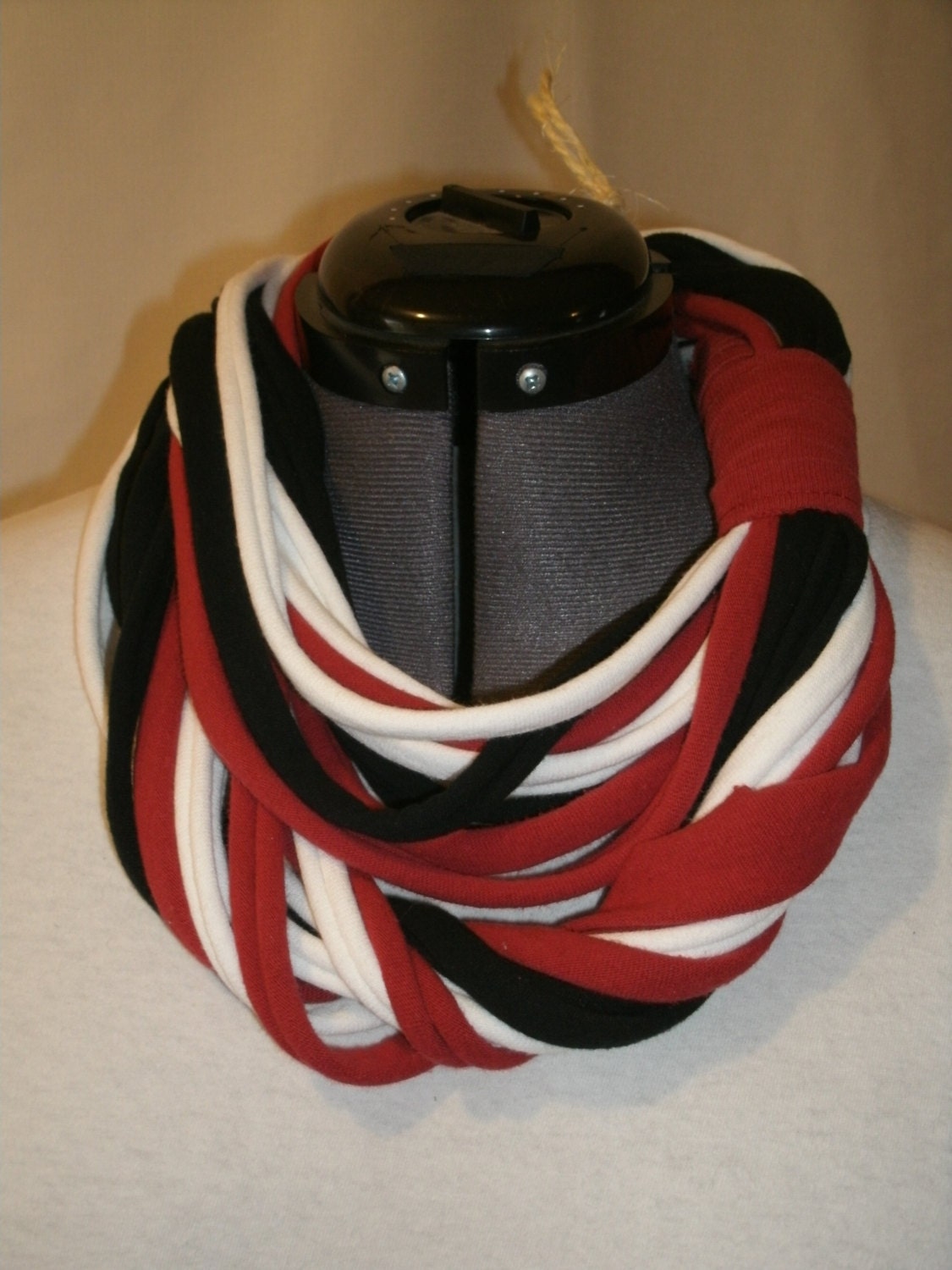 Recycled Tshirt Scarf Necklace Crimson Black White