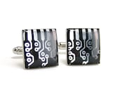 Circuit Design Cufflinks -- Black and Silver, Square Domed -- Fashionable Techno Accessories