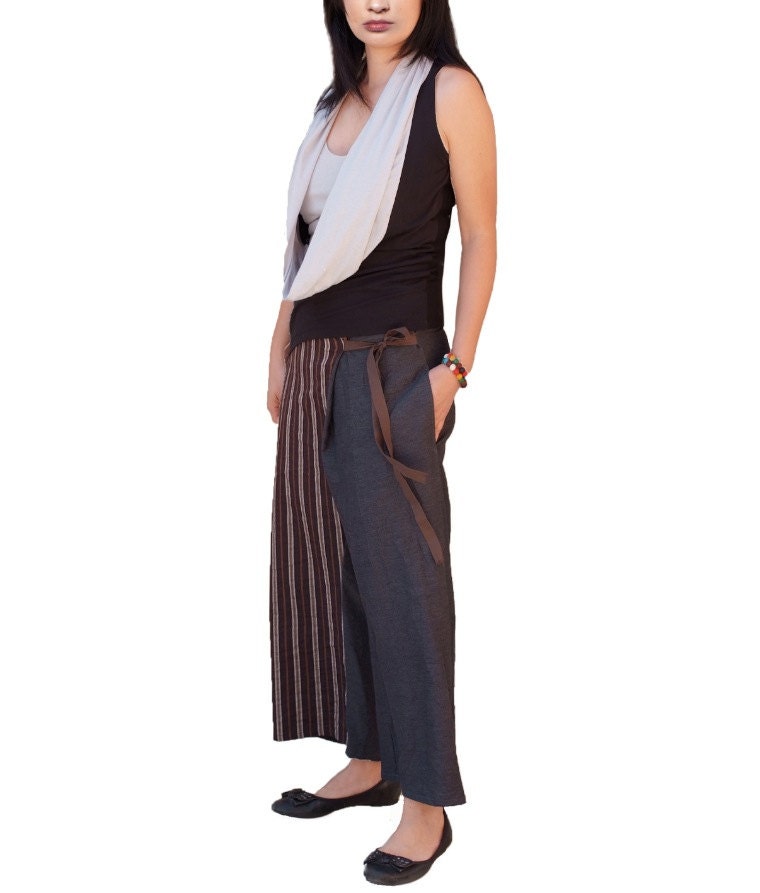 women bottoms/ /wide leg pants/gray and brun stripes sarouel/ yago thai trousers