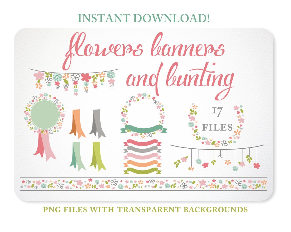 Bunting, Banners & Flowers Design Elements in Pastel colors - Instant Download - Free Clipart w order