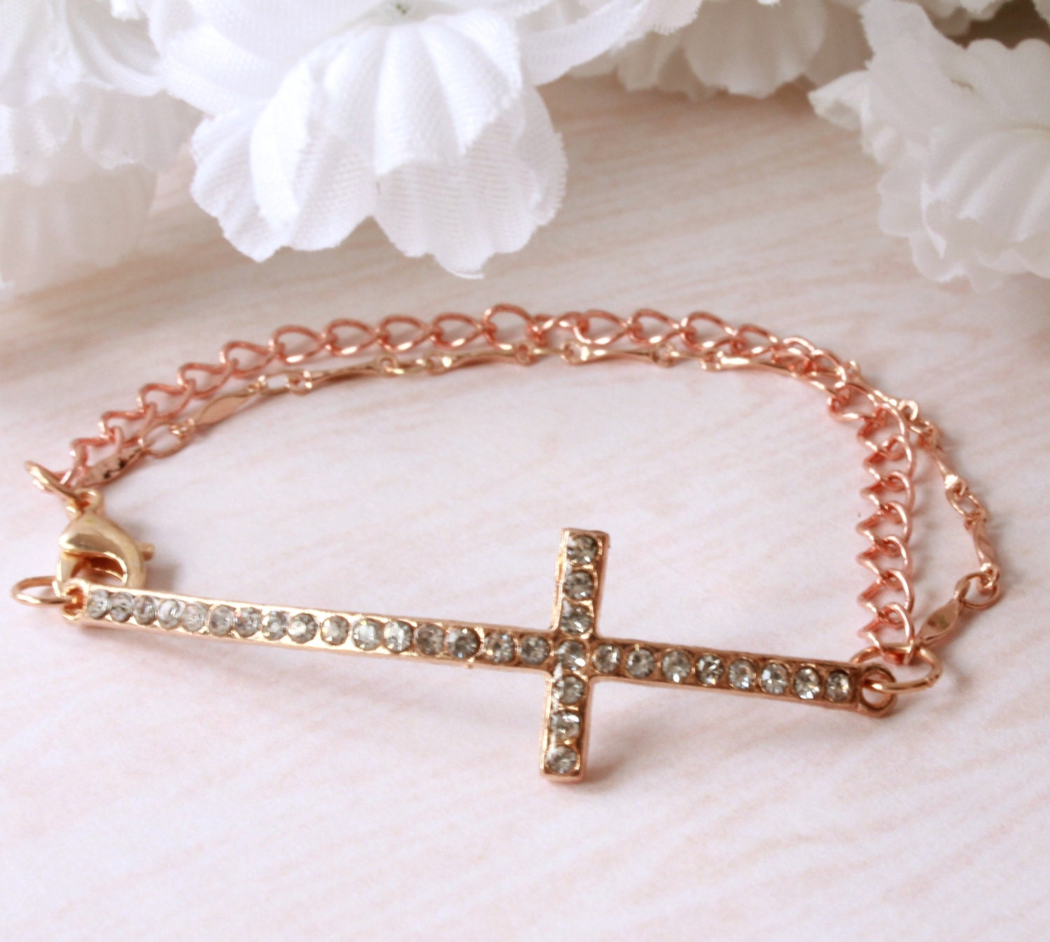 Rose Gold Sideways Cross Bracelet, Chain Bracelet, Charm Bracelet, Birthday Gift, Anniversary Gift, Bridal Jewelry, Mother's Day Jewelry