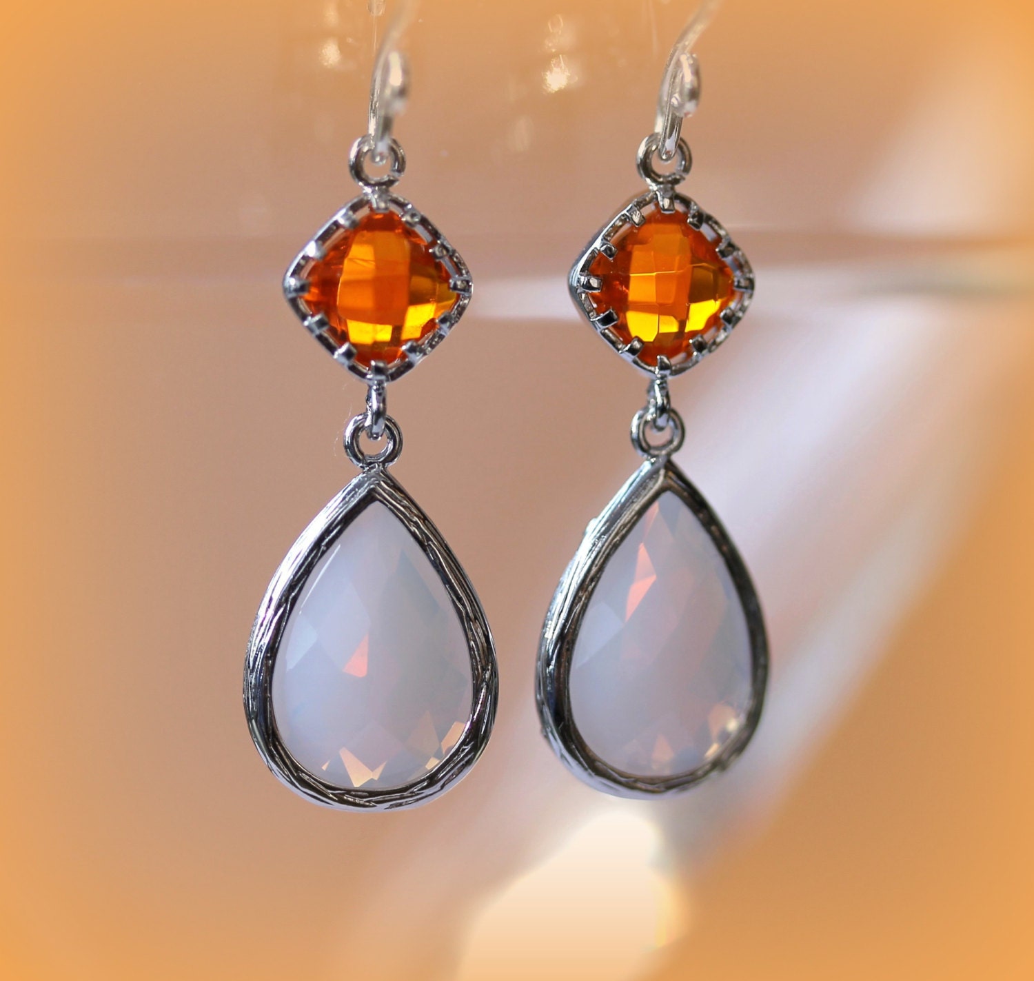 Fire Opal Moonstone Earrings, Drop Earrings, Dangle Earrings, Chandelier Earrings, Birthday Gift, Bridal Jewelry, Anniversary, Summer Trends