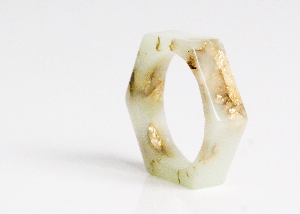 pistachio green size 6 hexagonal eco resin ring with gold leaf flakes