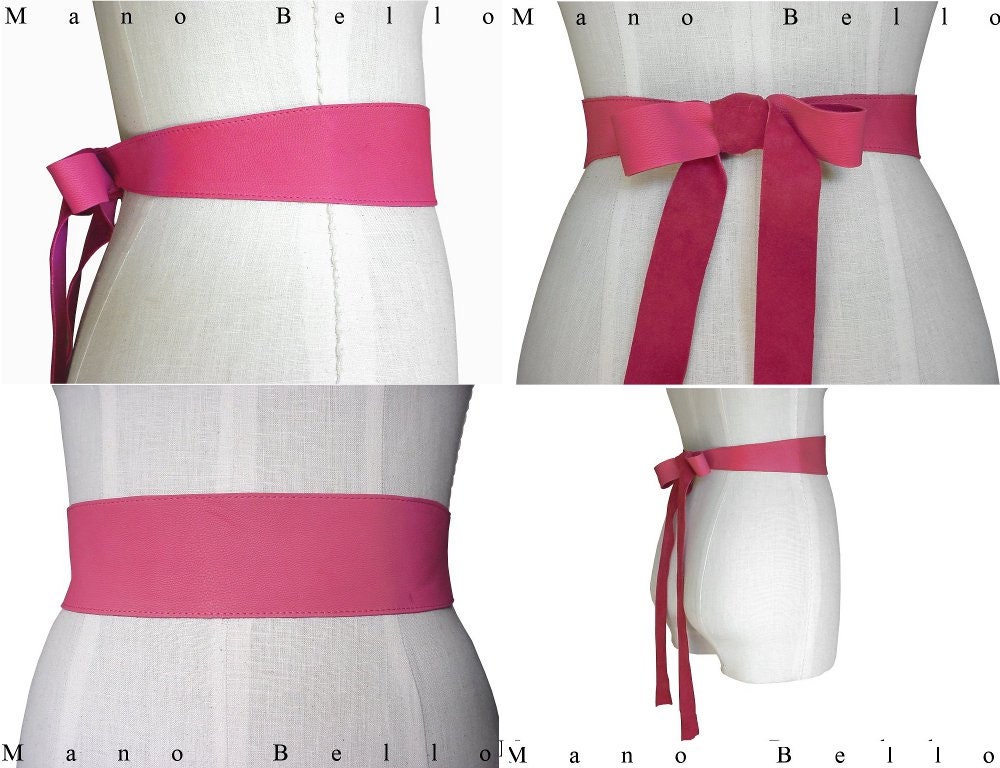 Pink Leather Sash Tie Belt with Bow Tie Back Leather Ribbon Wedding Dress Belt, Bridal Sash, Small Medium 27 28 29