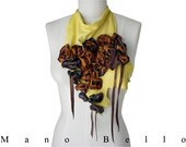 Leather Flowers Scarf, Bib Necklace Soft leather Yellow Suede with Leather Flowers in stock