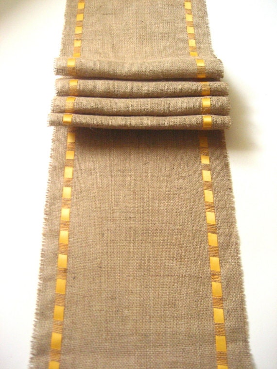 Burlap Table Runner With Yellow Satin Ribbon - Celebrate Spring - Refresh & Renew - Rustic Chic Home Decor