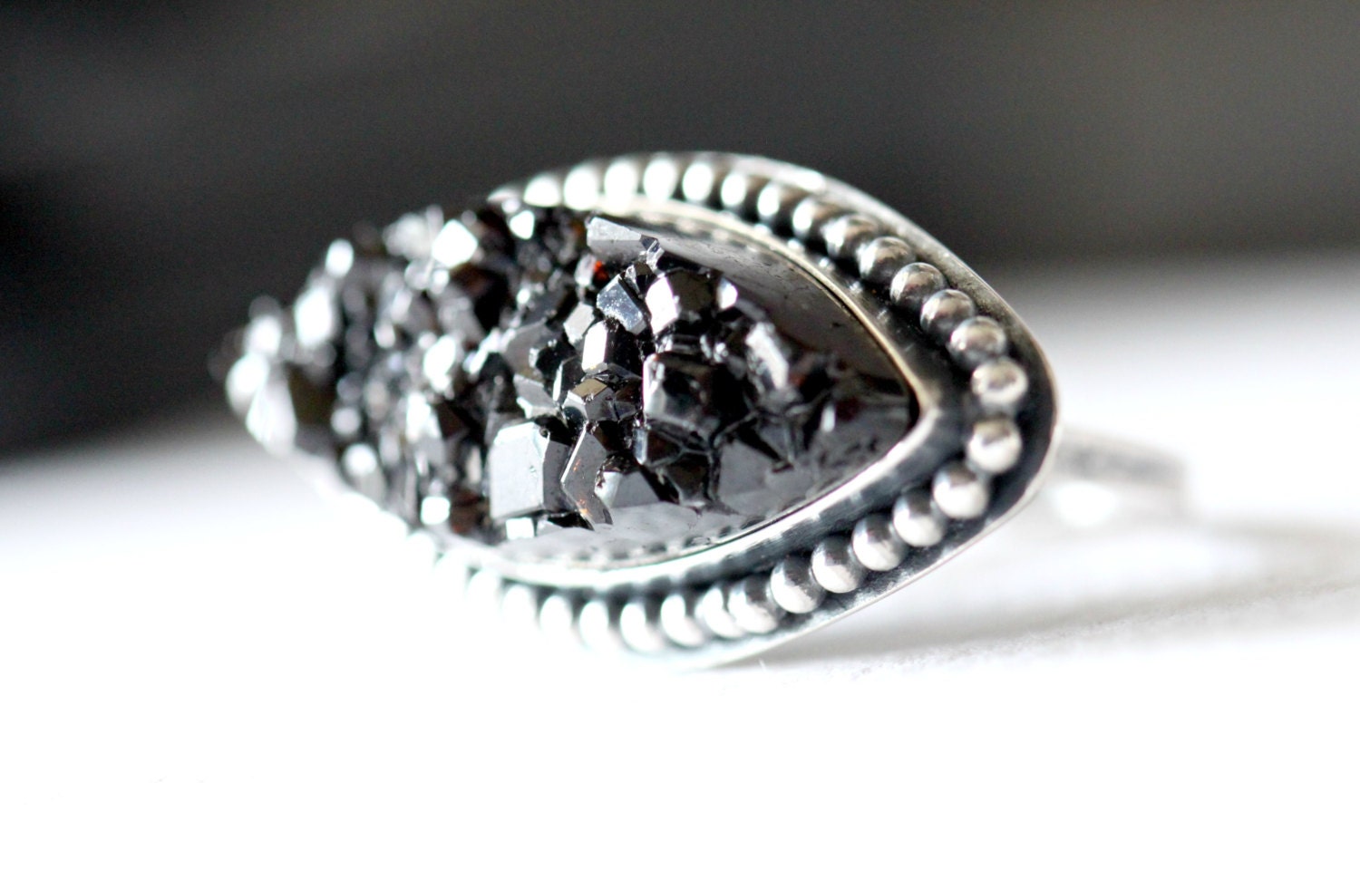 Black garnet druzy cystal and sterling silver cocktail ring. Handmade metalwork. silversmith. Gift for her. mothers day jewelry.