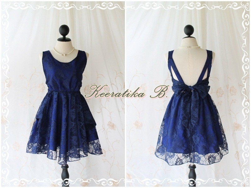 A Party V Shape -  Prom Party Cocktail Wedding Bridesmaid Dinner Night Backless Lacy Dress Navy Lace Royal Blue Lined Color Roses Pattern