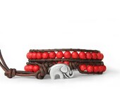 Poppy Red Beaded Leather Wrap Bracelet - the lucky elephant Original with Good Luck Elephant Button Closure for GOOD LUCK