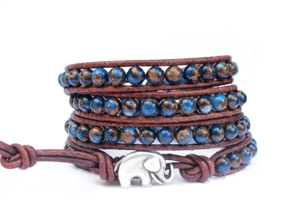 Blue Earth Ball Beaded Leather Wrap Bracelet - the lucky elephant Original with GOOD LUCK ELEPHANT Button
