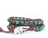 Emerald Green Earth Ball Beaded Leather Wrap Bracelet - the lucky elephant Original with GOOD LUCK ELEPHANT Button