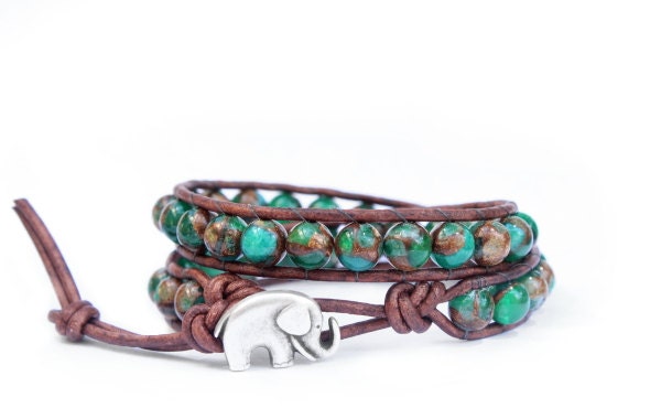 Emerald Green Earth Ball Beaded Leather Wrap Bracelet - the lucky elephant Original with GOOD LUCK ELEPHANT Button